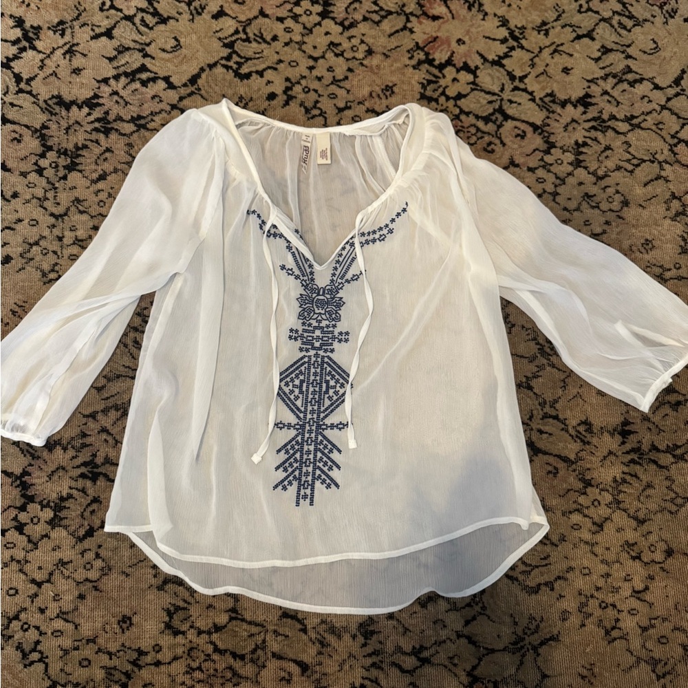 Mudd White Blouse with Blue Embroidery